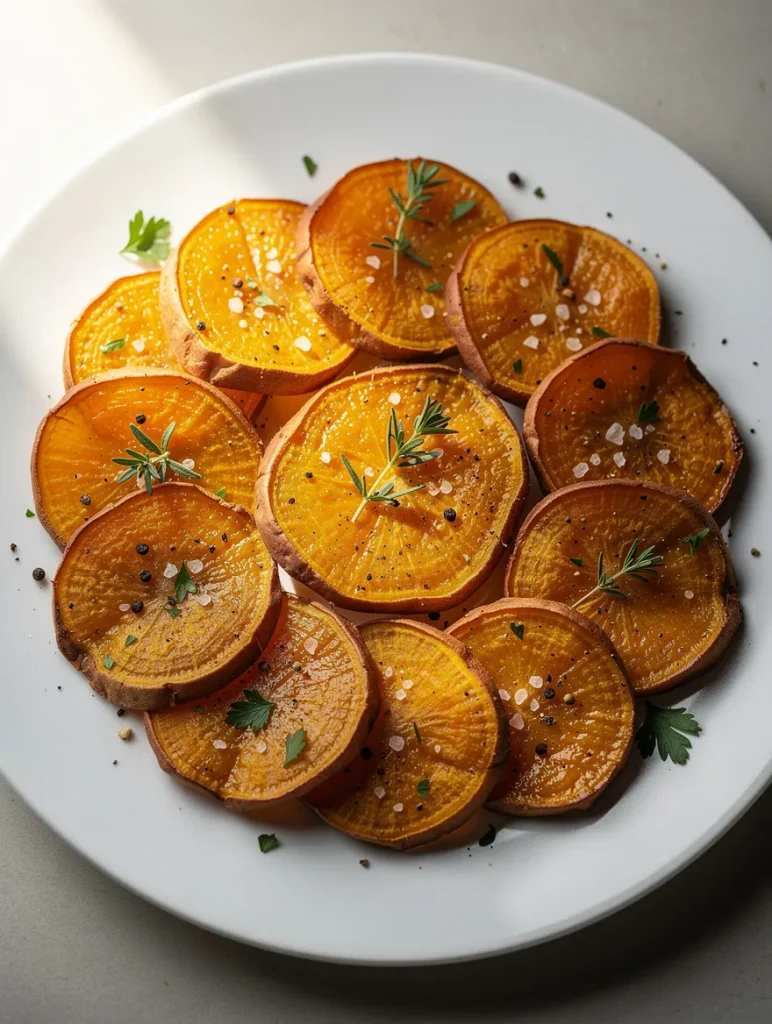 Roasted sweet potato slices seasoned with herbs, sea salt, and black pepper on a white plate