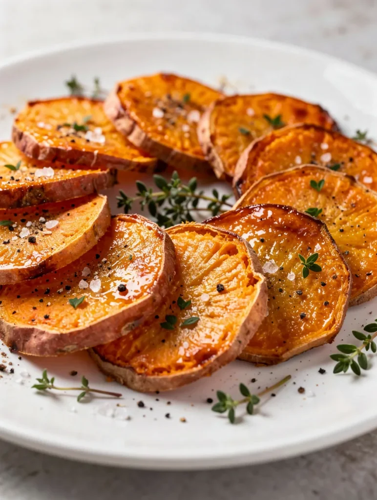 Baked sweet potato slices with crispy edges, sea salt, black pepper, and fresh thyme on a white plate