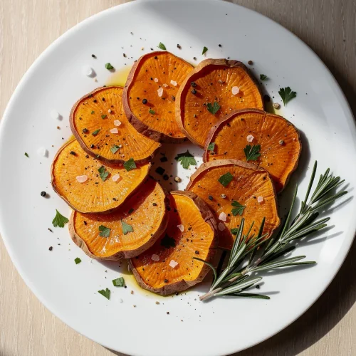 Baked sweet potato slices with rosemary, sea salt, and black pepper on a white plate