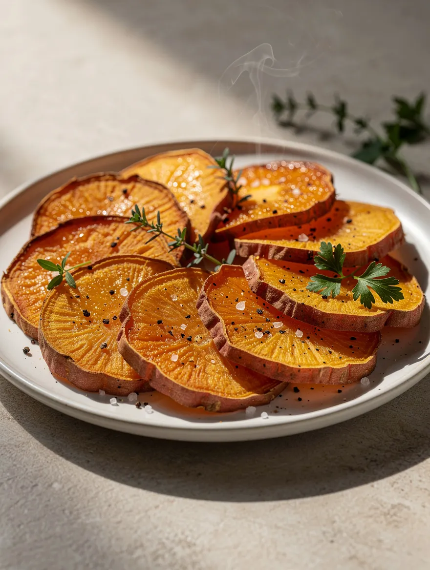 Baked sweet potato slices with herbs, sea salt, and black pepper