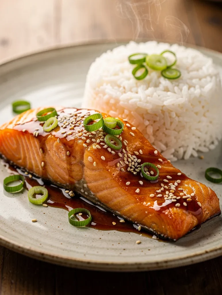 Teriyaki salmon with sesame seeds, green onions, and steamed rice