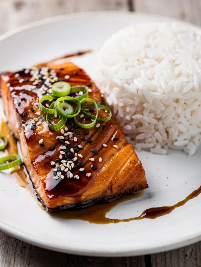 Baked teriyaki salmon with sesame seeds and green onions served with white rice