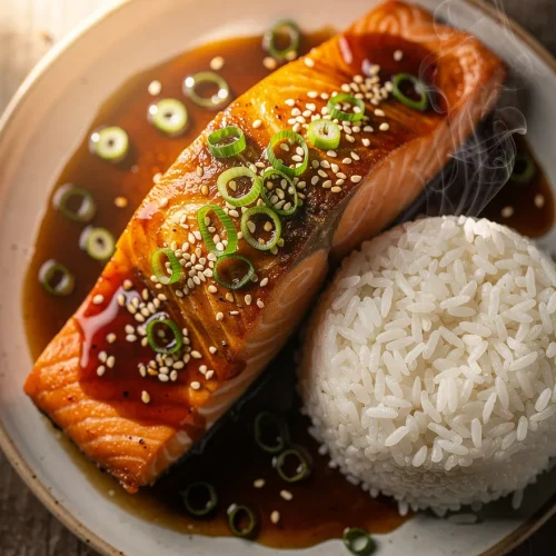 Teriyaki salmon fillet with sesame seeds and green onions served with steamed white rice