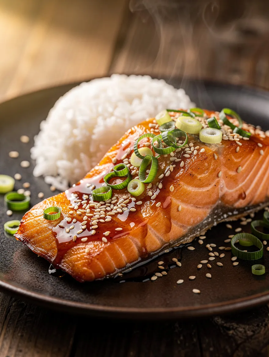 Baked teriyaki salmon with sesame seeds, green onions, and rice