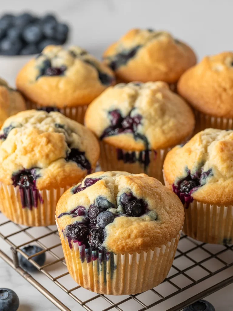 Close-up of bakery-style blueberry muffins on cooling rack with fresh blueberries