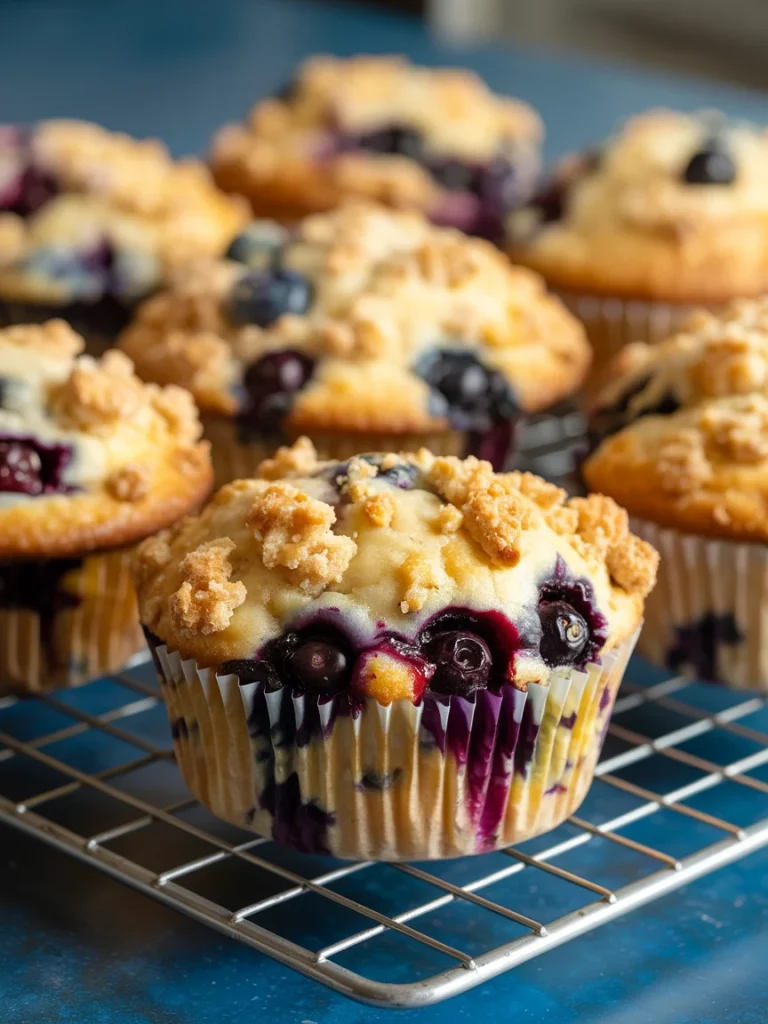 Bakery-style blueberry muffin with crumb topping on cooling rack