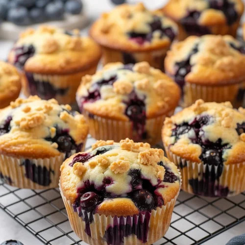 Bakery-style blueberry muffins with crumb topping on cooling rack
