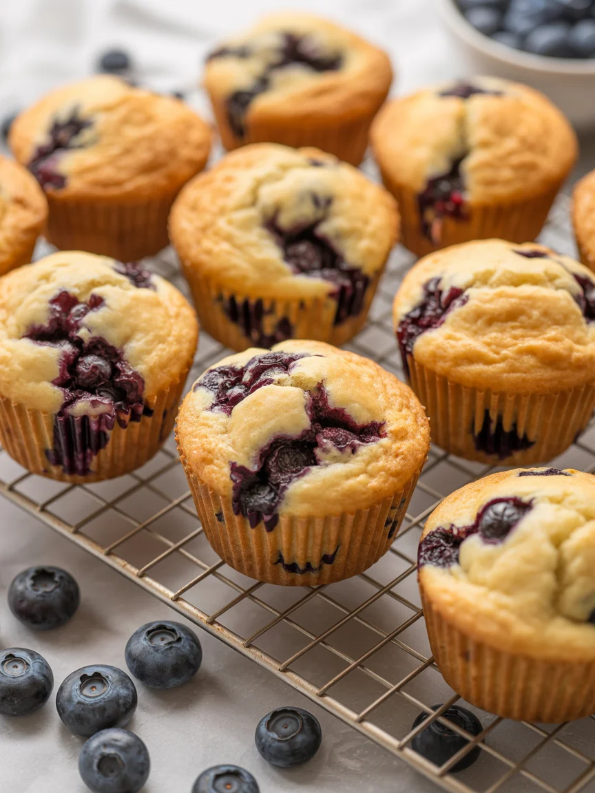 Bakery-style blueberry muffins cooling on rack with fresh blueberries