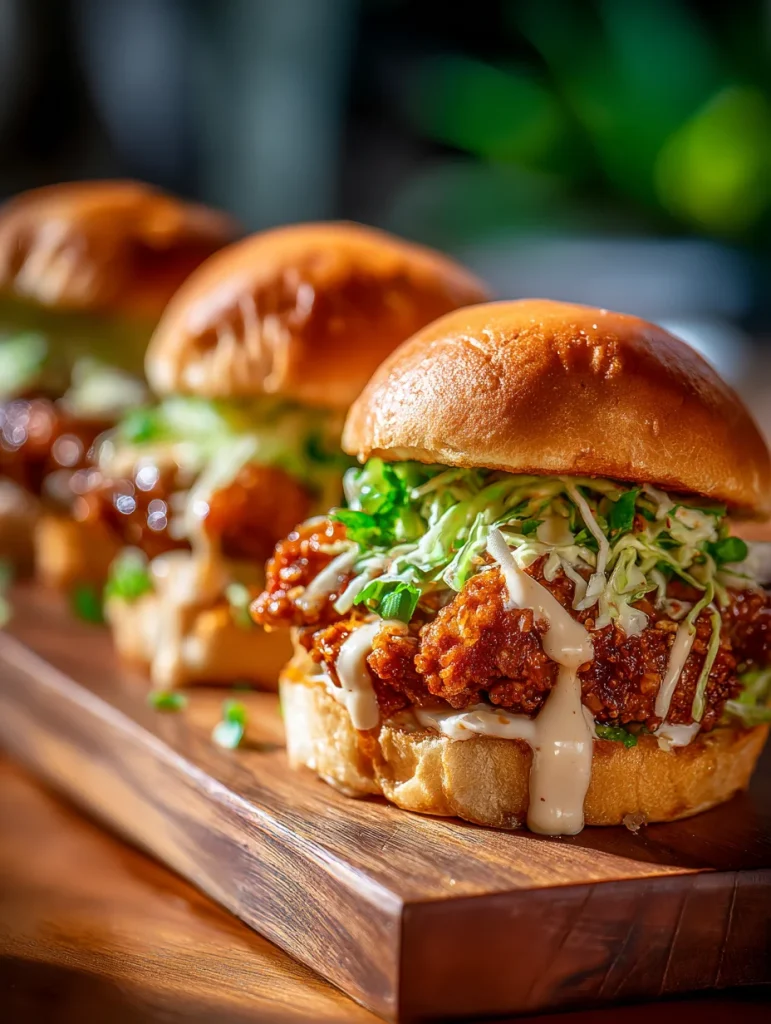 Bang Bang chicken sliders with crispy chicken, fresh coleslaw, and creamy spicy sauce on brioche buns.