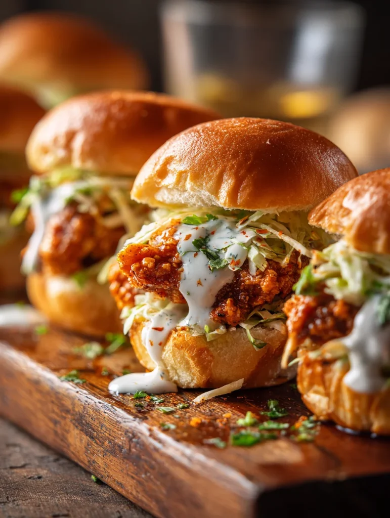 Crispy Bang Bang chicken sliders with coleslaw and creamy sauce on toasted brioche buns.