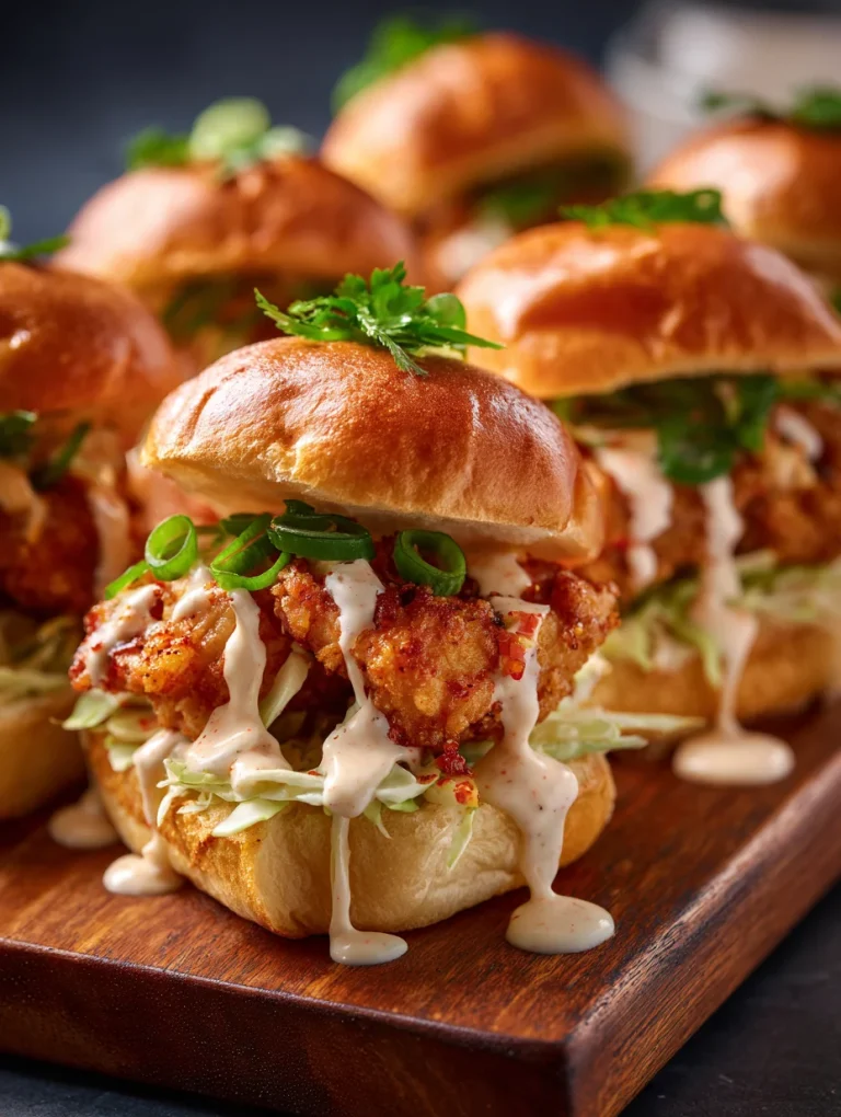 Bang Bang chicken sliders with crispy fried chicken, coleslaw, and creamy spicy sauce.