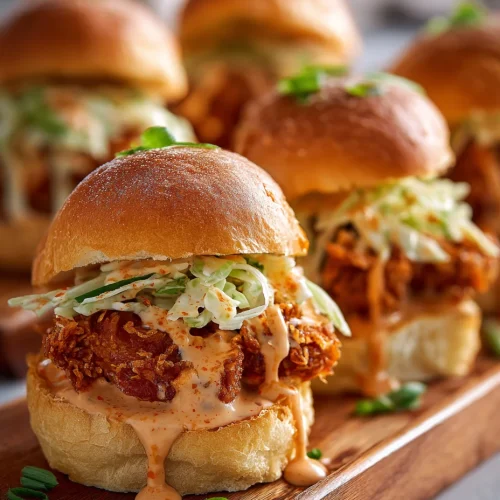 Bang Bang chicken sliders with crispy fried chicken, coleslaw, and spicy creamy sauce on brioche buns.