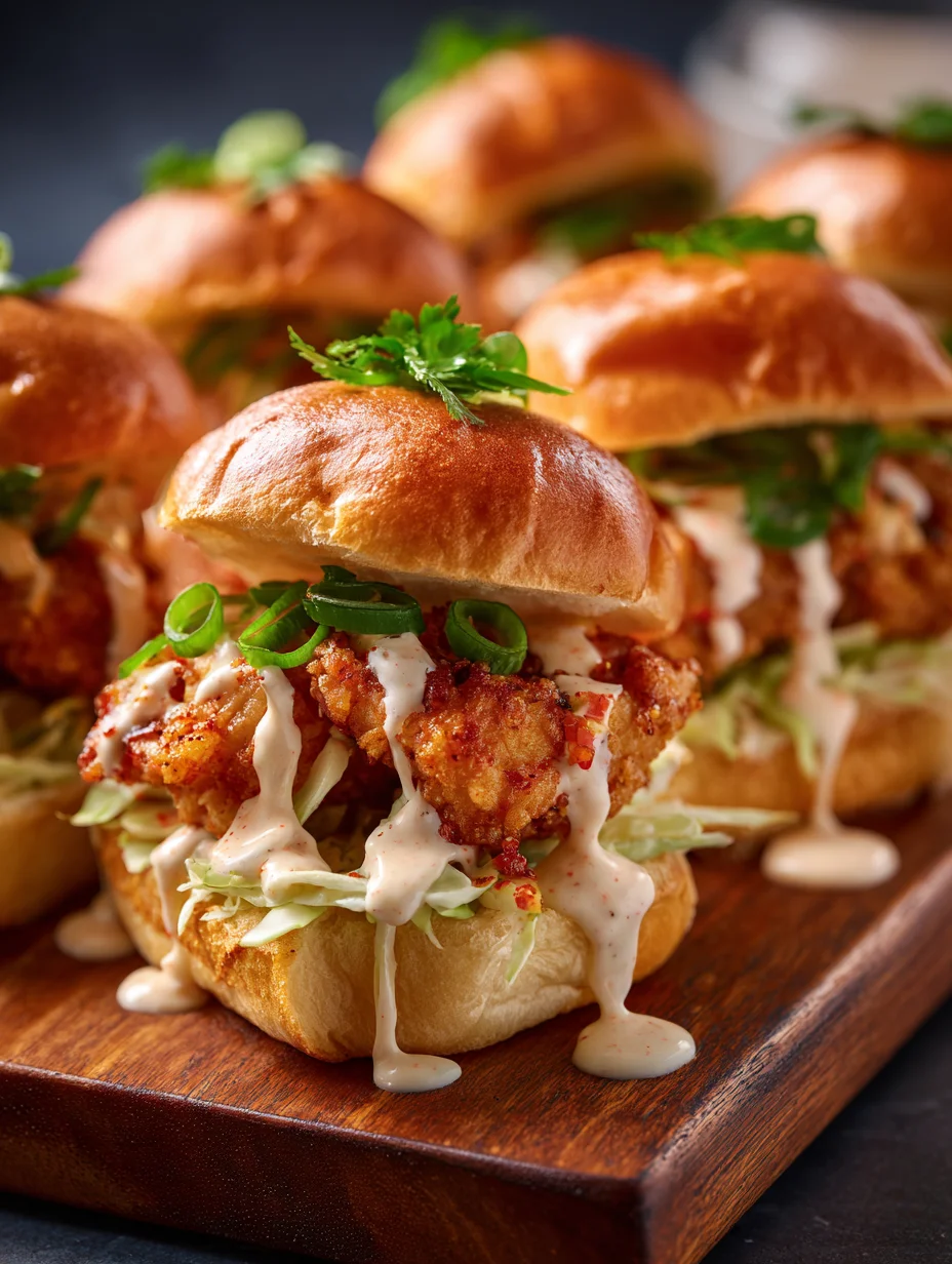 Bang Bang chicken sliders with crispy fried chicken, coleslaw, and creamy spicy sauce.