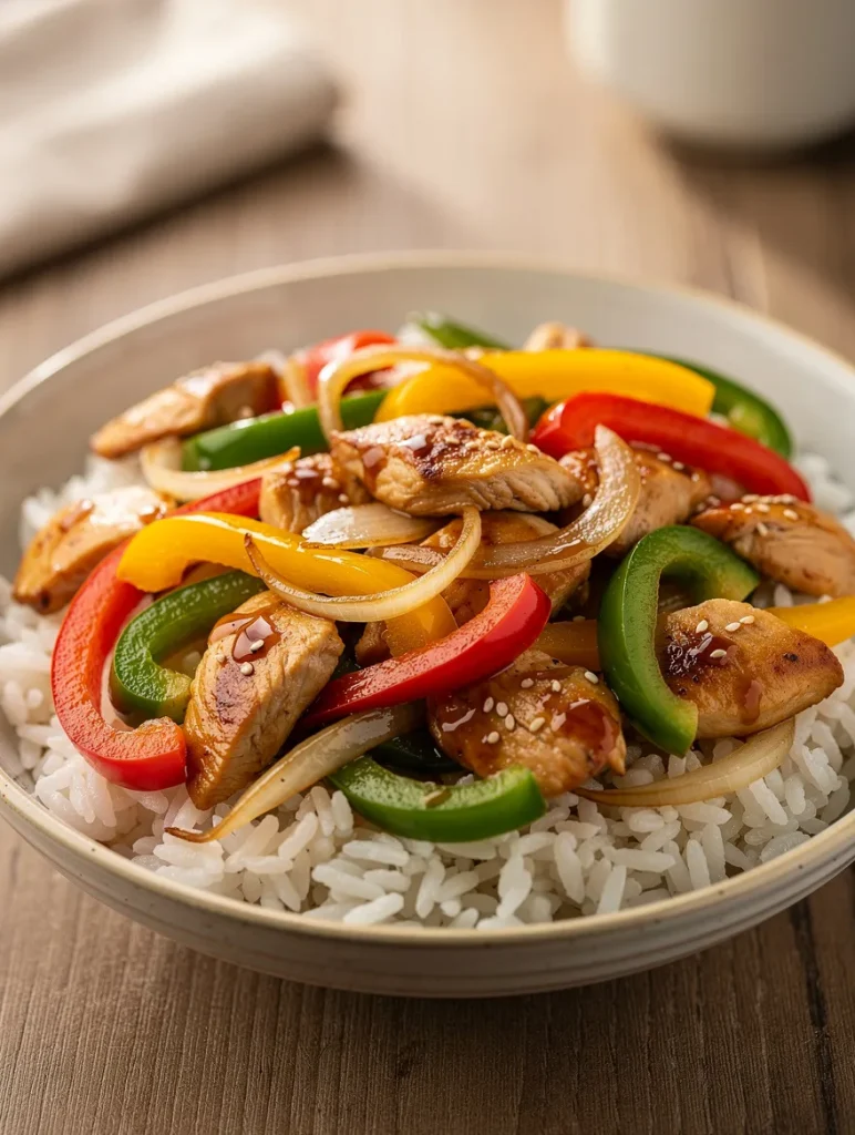 Bell pepper chicken stir fry with rice, onions, and sesame glaze