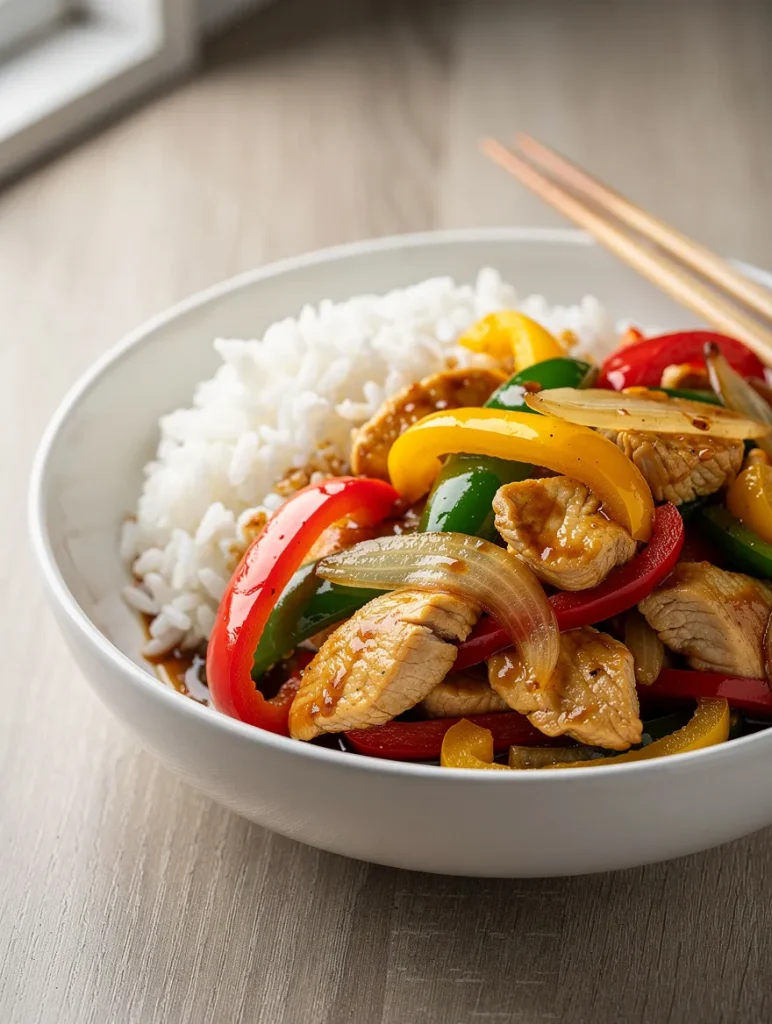 Bell pepper chicken stir fry with white rice and sautéed onions