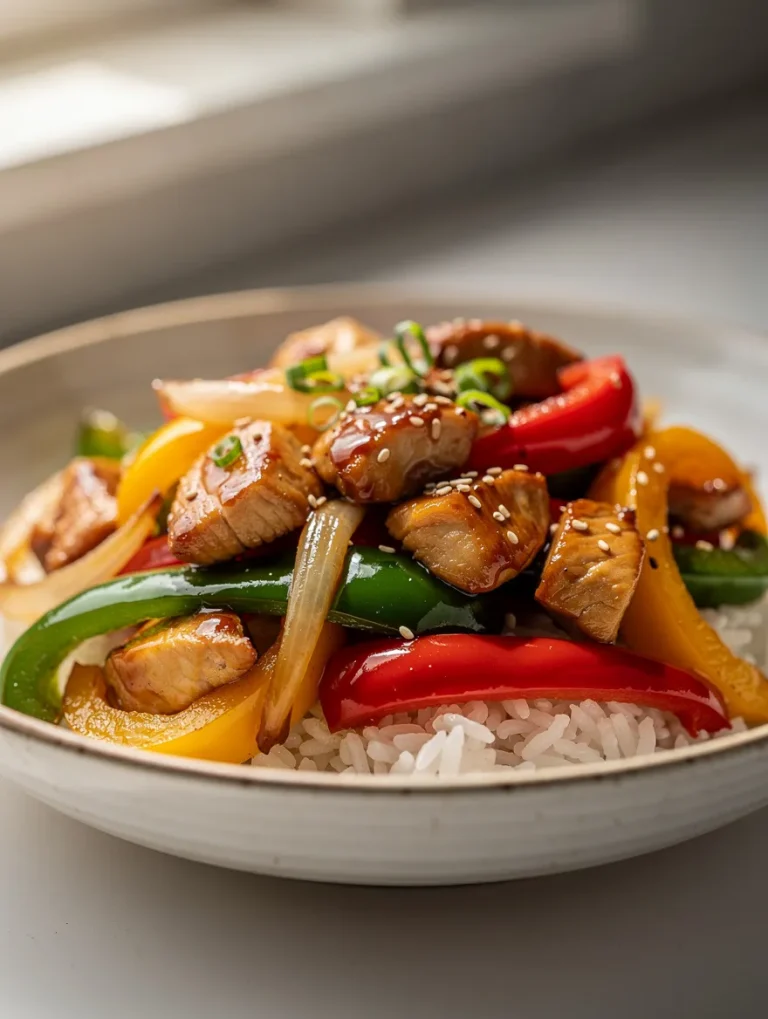 Bell pepper chicken stir fry with rice and sesame seeds