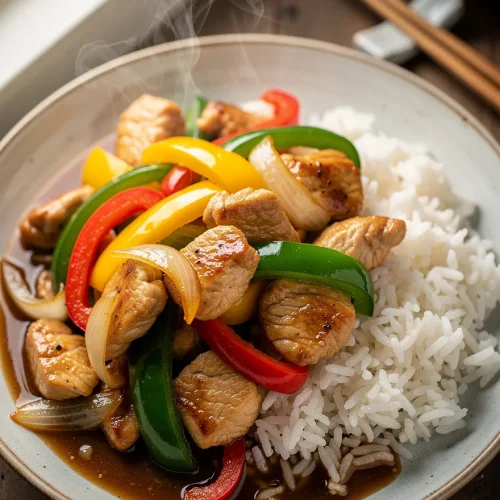 Bell pepper chicken stir fry with rice and savory sauce