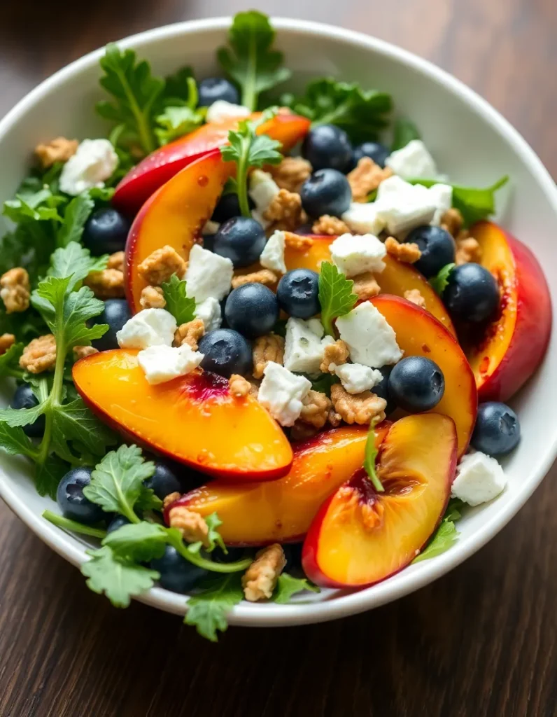 Blueberry peach feta salad with greens, walnuts, and crumbled feta in a bowl.