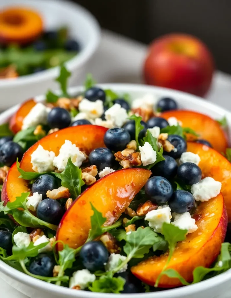 Blueberry peach feta salad with arugula, walnuts, and crumbled feta in a bowl.