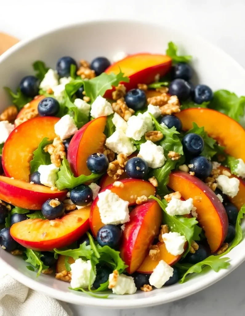 Blueberry peach feta salad with fresh peaches, blueberries, arugula, crumbled feta, and walnuts.