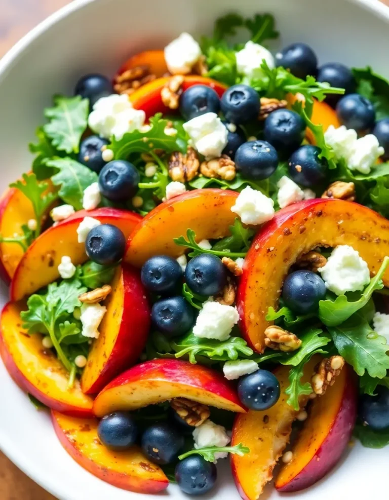 Blueberry peach feta salad with fresh greens, walnuts, and crumbled feta cheese.