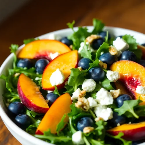 Blueberry peach feta salad with arugula, walnuts, and fresh fruit in a bowl.