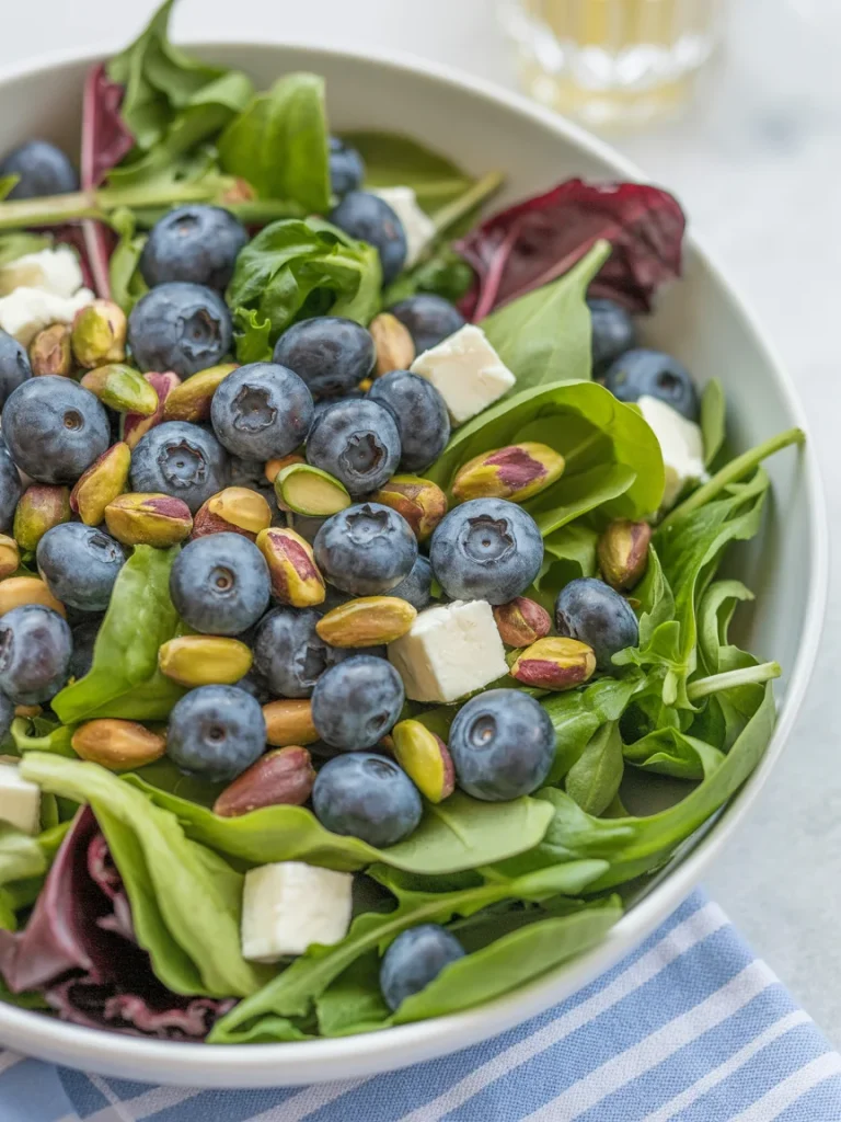 Blueberry pistachio spring salad with mixed greens and feta cheese