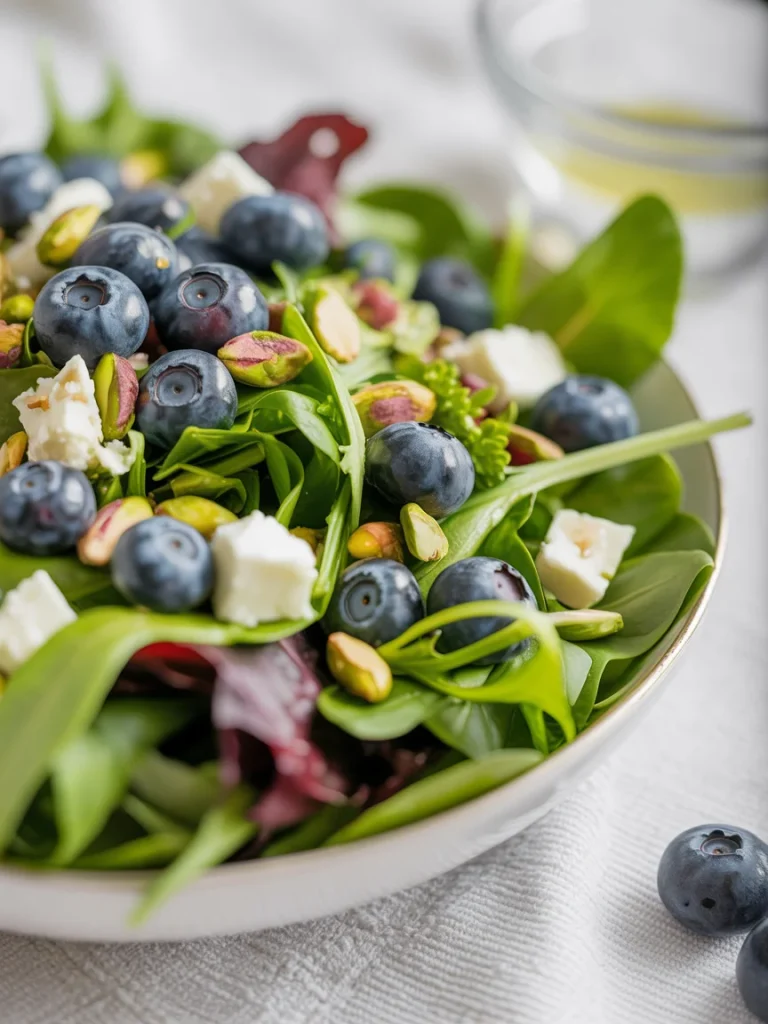 Blueberry pistachio salad with mixed greens, feta, and vinaigrette