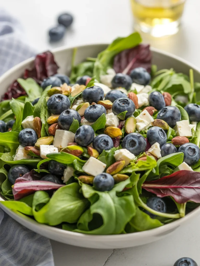 Blueberry pistachio spring salad with mixed greens, feta, and almonds
