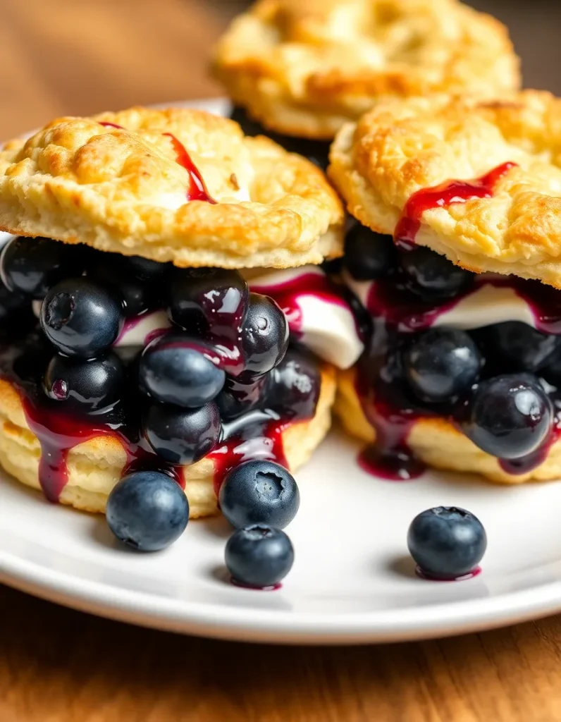 Blueberry shortcakes with cream filling and fresh blueberries topped with berry sauce.