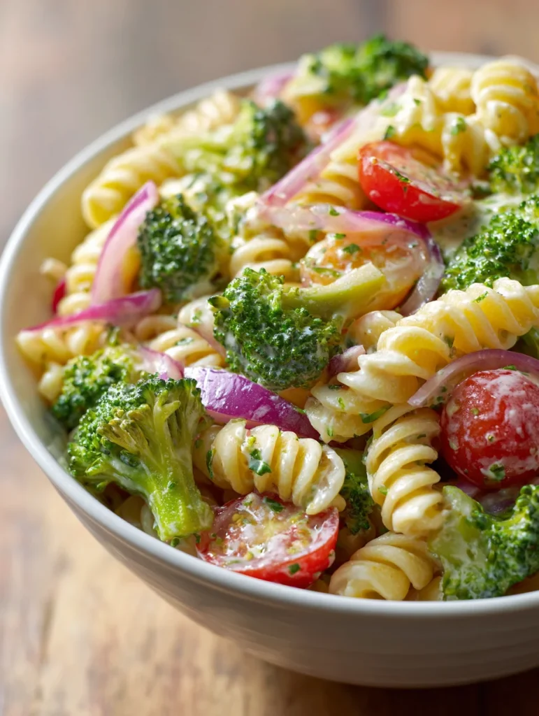 Broccoli pasta salad with rotini, cherry tomatoes, and red onion in creamy dressing.