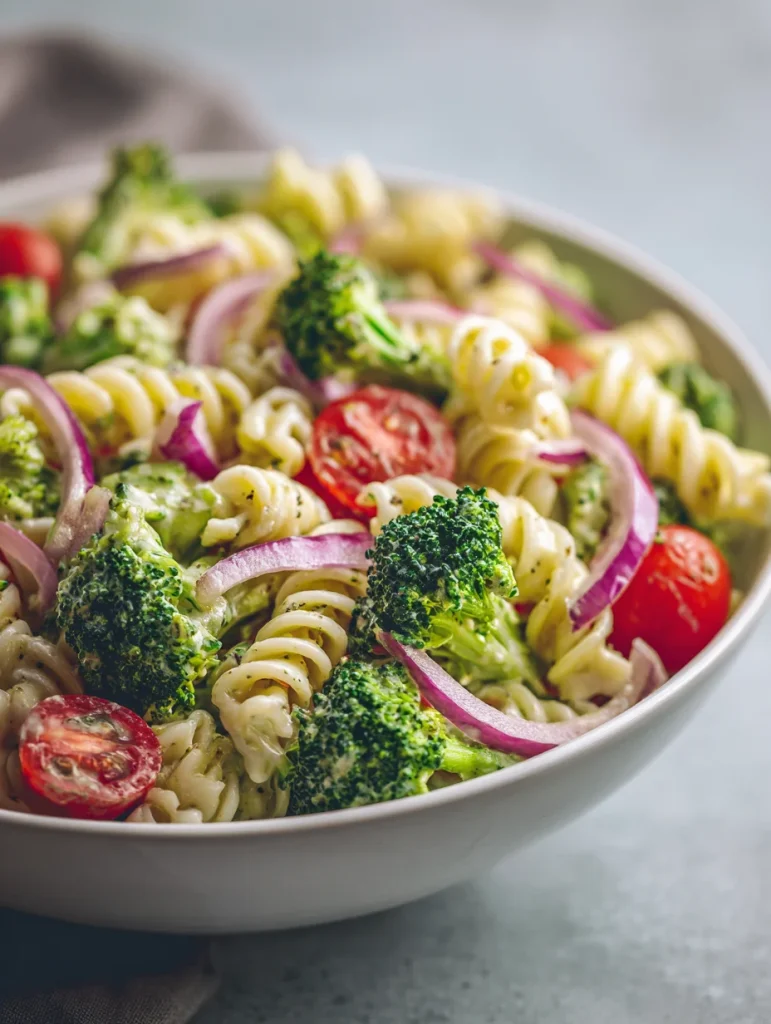 Creamy broccoli pasta salad with rotini, cherry tomatoes, and red onion in a bowl.