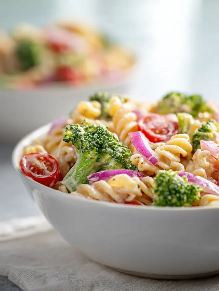Creamy broccoli pasta salad with rotini, cherry tomatoes, and red onion in a white bowl.