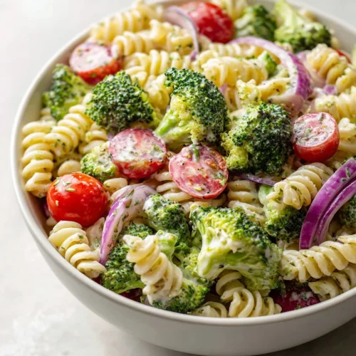 Broccoli pasta salad with rotini, cherry tomatoes, and red onion in creamy dressing.