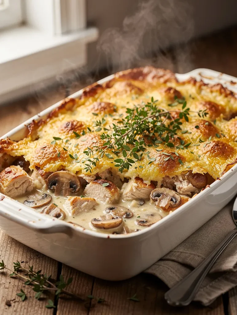 Creamy chicken and mushroom casserole with golden baked cheese topping
