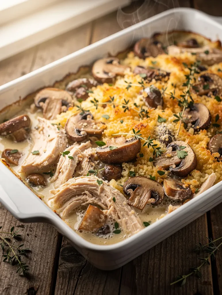 Chicken and mushroom casserole with creamy sauce and breadcrumb topping
