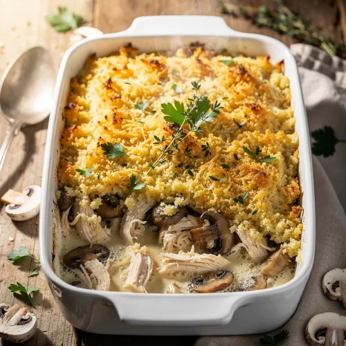 Chicken and mushroom casserole with crispy breadcrumb topping in baking dish