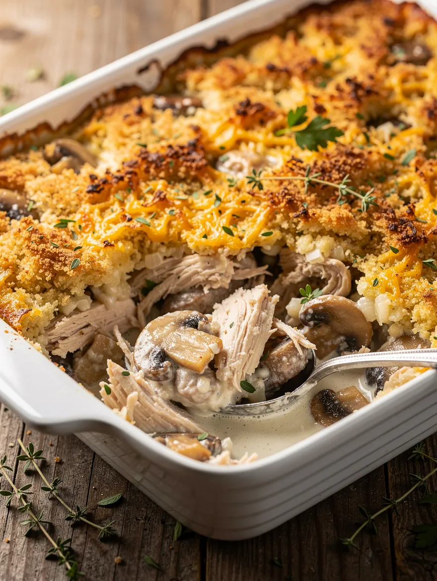 Chicken and mushroom casserole with cheesy golden topping
