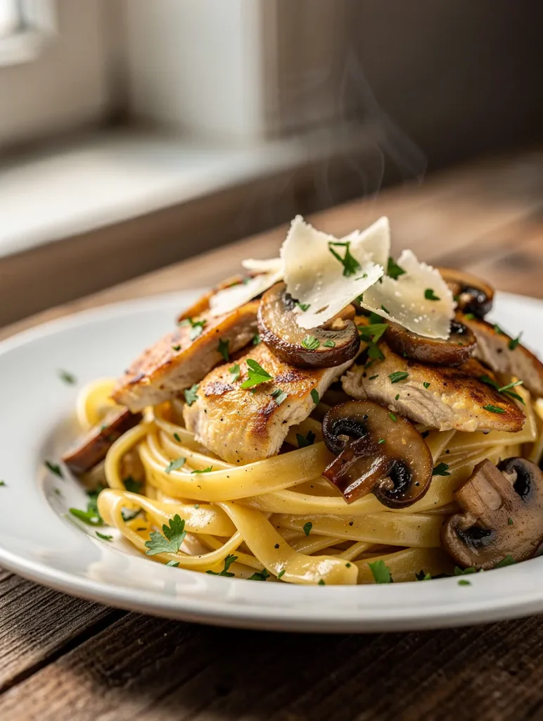 Chicken and mushroom pasta with fettuccine, grilled chicken, and parmesan