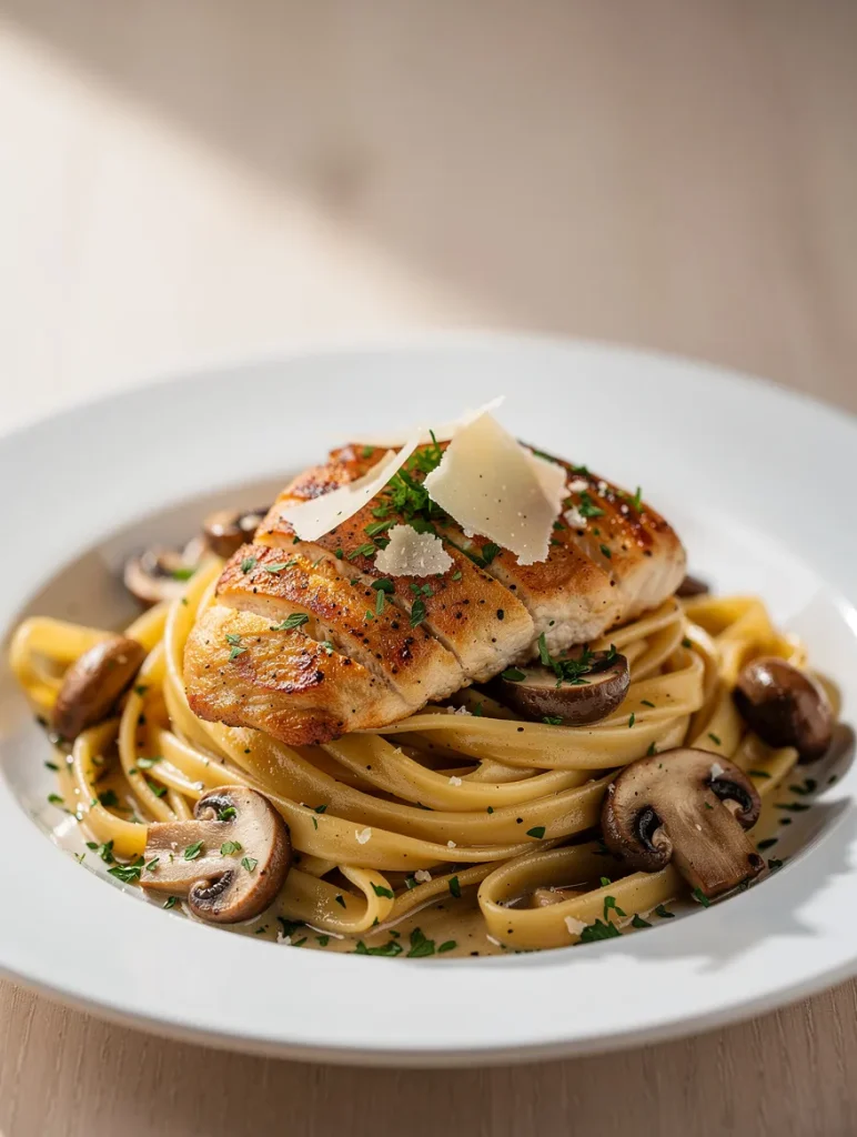 Chicken and mushroom fettuccine pasta with parmesan and herbs