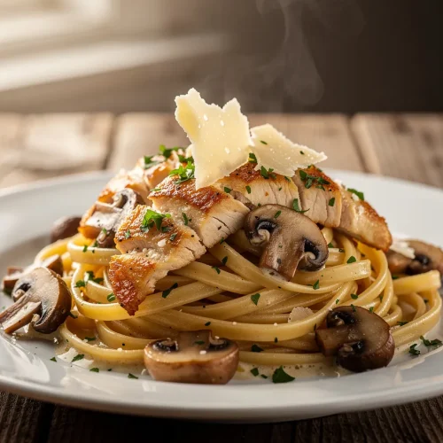 Chicken and mushroom pasta with parmesan on a white plate