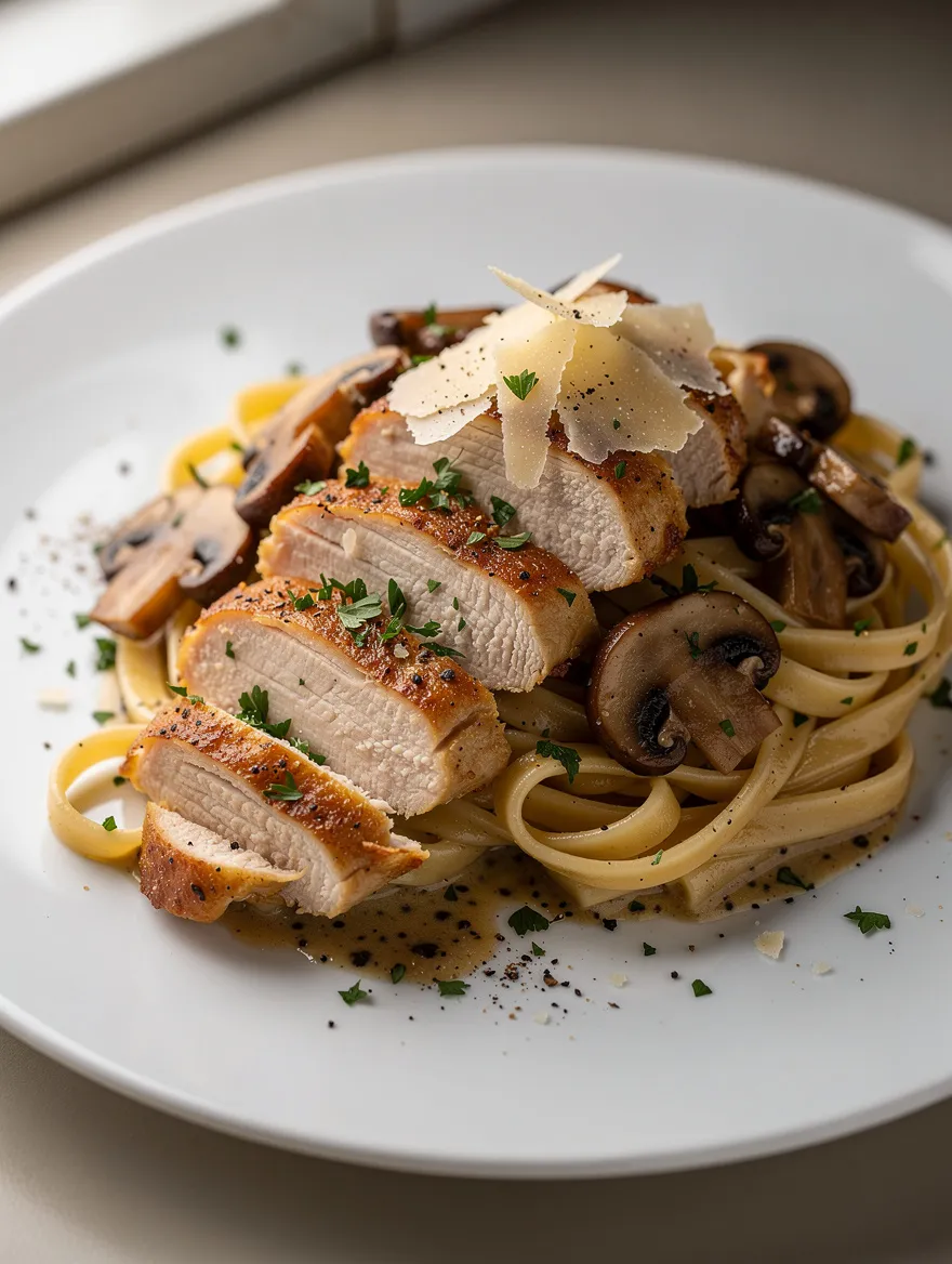 Chicken and mushroom pasta with sliced chicken, spaghetti, and parmesan