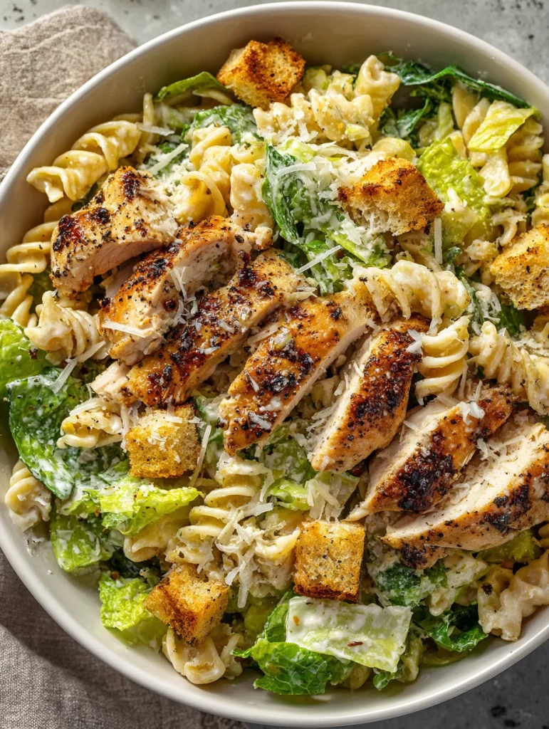 Chicken Caesar pasta salad with grilled chicken, romaine, pasta, and Parmesan in a bowl.