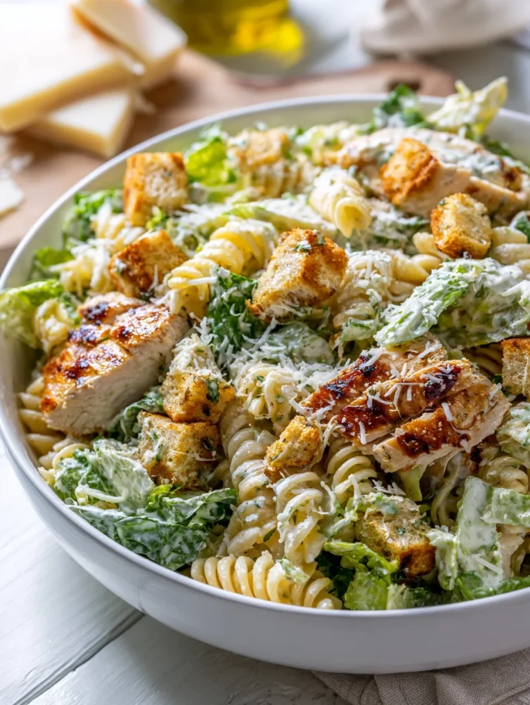 Chicken Caesar pasta salad with grilled chicken, croutons, romaine, and Parmesan.