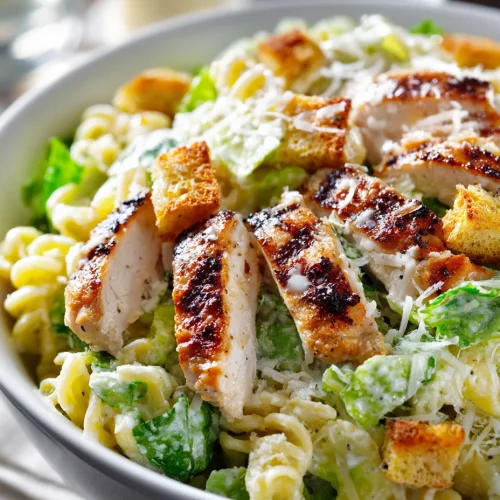 Chicken Caesar pasta salad with grilled chicken, romaine, pasta, croutons, and Parmesan.