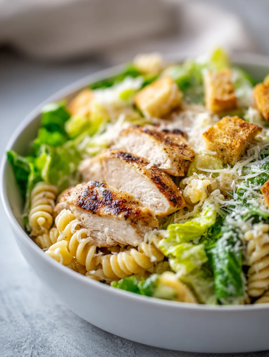 Chicken Caesar pasta salad with grilled chicken, romaine, croutons, and Parmesan.