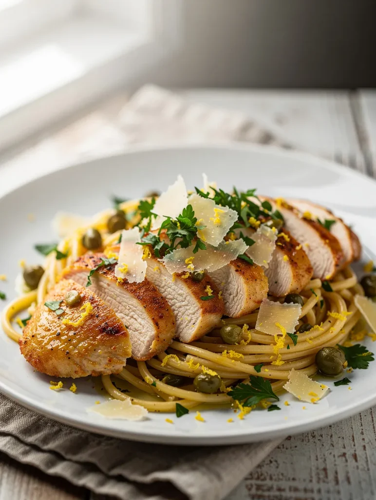 Chicken piccata pasta with sliced chicken, capers, lemon zest, and Parmesan