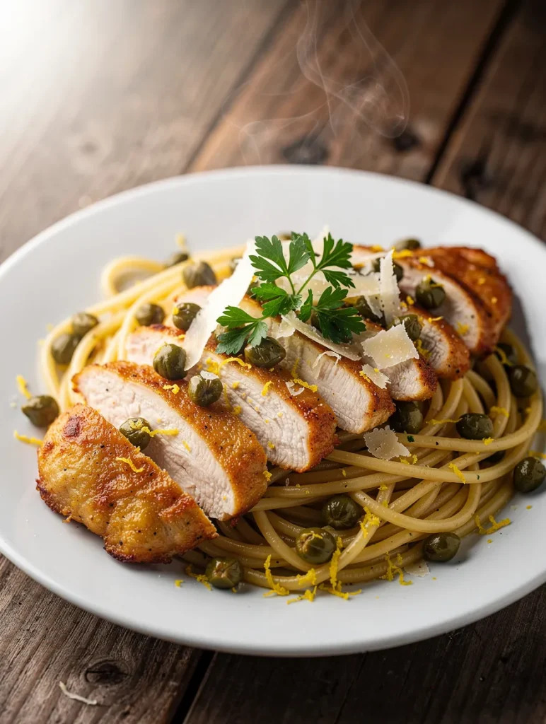 Chicken piccata pasta with grilled chicken, capers, lemon zest, and Parmesan cheese