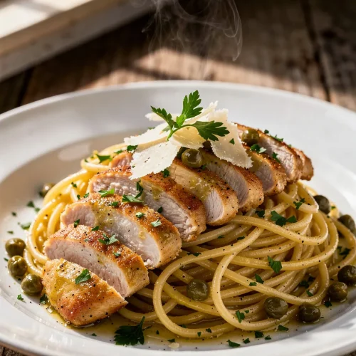 Steaming chicken piccata pasta with sliced chicken, capers, and Parmesan
