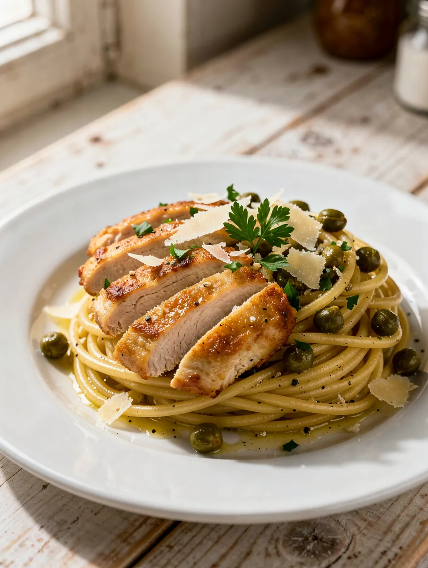 Chicken piccata pasta with grilled chicken, capers, and Parmesan cheese